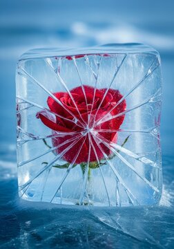 Red rose frozen inside a block of cracked ice. Conceptual art showing floral beauty trapped in cold winter environment. Botanical symbol of love preserved in crystal cube icy texture.