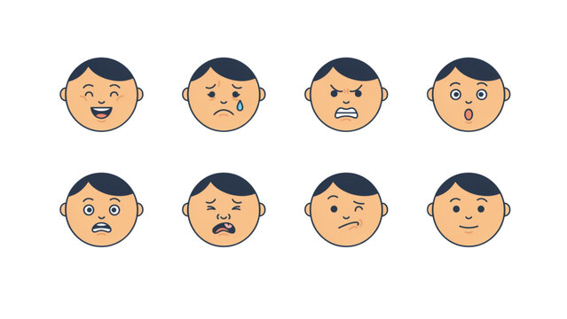 Set of six cartoon emotion faces with different expressions showing happiness, surprise, sadness, and anger Vector