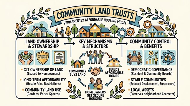 Community land trust infographic explaining affordable housing models