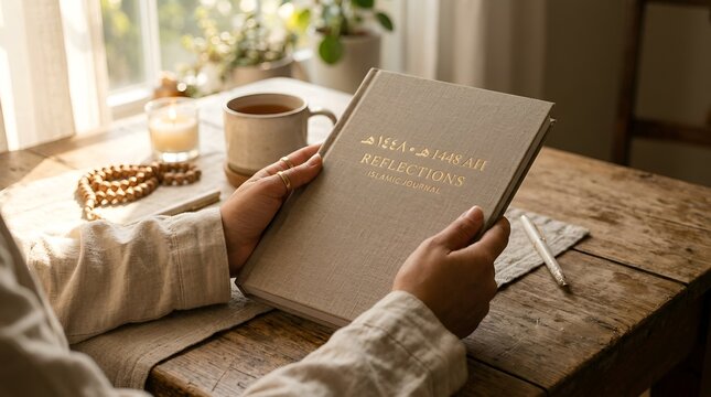Cozy reflection journal with tea and rosary beads by window light