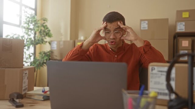 Man wearing glasses at desk with laptop and shipping boxes presses temples in building; small business stress.