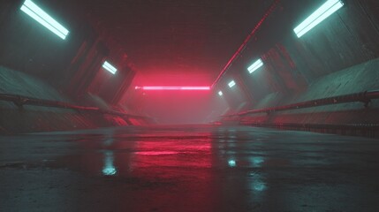 Obraz premium Dimly lit futuristic passage glows with contrasting neon colors reflecting on the wet floor