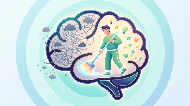 Human character cleaning messy brain to improve cognitive clarity and focus mentalhealth
