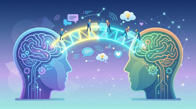Conceptual illustration of human brains connected by glowing bridge for empathy mentalhealth