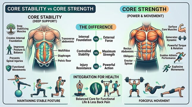 Educational infographic comparing core stability and core strength