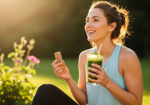 Woman sitting in park holding green smoothie and granola bar. Healthy lifestyle concept with nutrition and fitness snack. Outdoor recreation and wellbeing for active young lady.