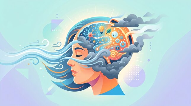 Conceptual illustration of a woman with clouds and stormy weather inside her mind mentalhealth