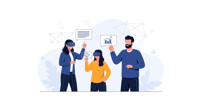 Team using VR headsets for data analysis and collaboration in a modern virtual reality business meeting.