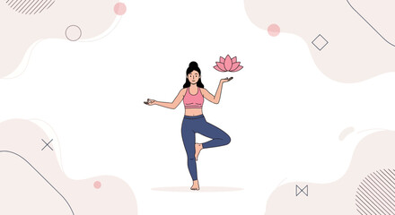 Fototapeta premium Woman in Yoga Tree Pose Holding Lotus Flower, Balance and Serenity Illustration
