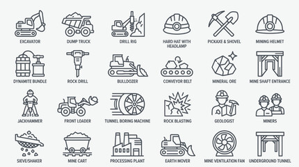 Mining Industry Icons Set: Equipment, Safety, and Operations © Erlin