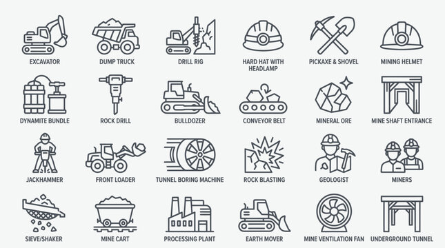 Mining Industry Icons Set: Equipment, Safety, and Operations