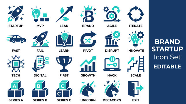 Startup Business Icons Set: Rocket, Lightbulb, Growth, Unicorn, Tech, MVP, Agile