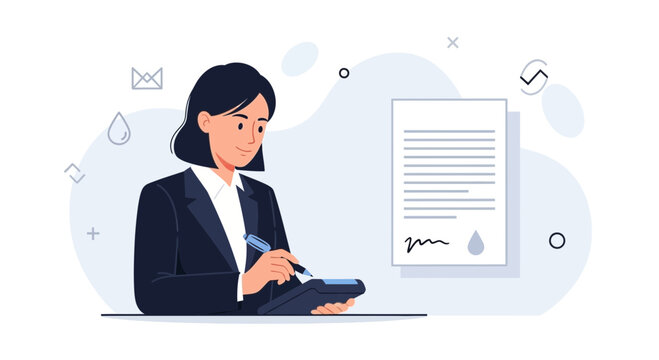 Businesswoman signing contract or agreement with digital pen and POS machine, symbolizing financial transactions and modern business.