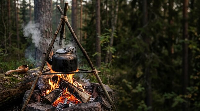 Black kettle boiling on a campfire tripod in a deep forest