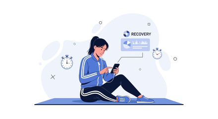 Obraz premium Woman using smartphone for fitness recovery analysis, visualizing progress with charts and stopwatch icons, modern flat illustration.