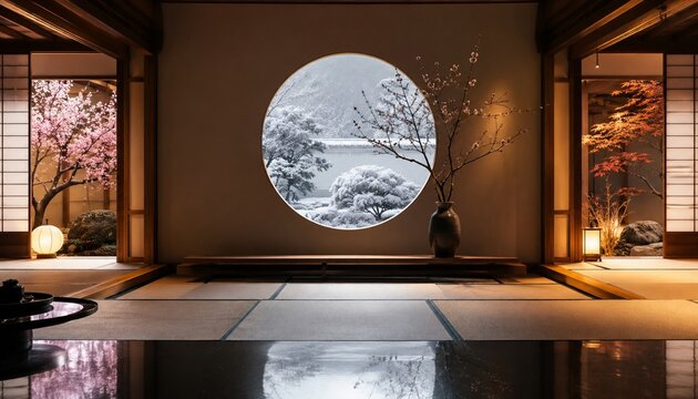 Traditional Japanese Washitsu Interior with Round Window