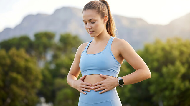 Young Woman Holding Stomach Outdoors, Digestive Health, Abdominal Pain and Wellness Awareness Concept