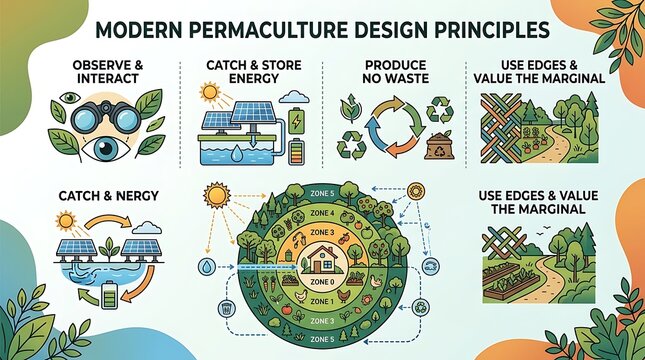 Modern permaculture design principles and sustainable farming icons