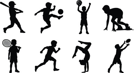 Set of black vector silhouettes featuring active children playing various sports isolated on white background. © Rokon