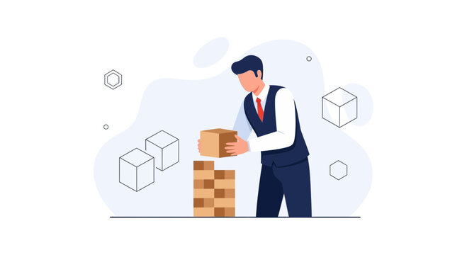 Businessman Building Blocks, Concept of Growth, Strategy, and Construction, Flat Vector Illustration