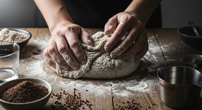 Baker kneading raw dough on wooden table. Food preparation process in cozy kitchen. Traditional homemade bread baking, healthy cooking lifestyle, hobby, flour on kitchen surface.