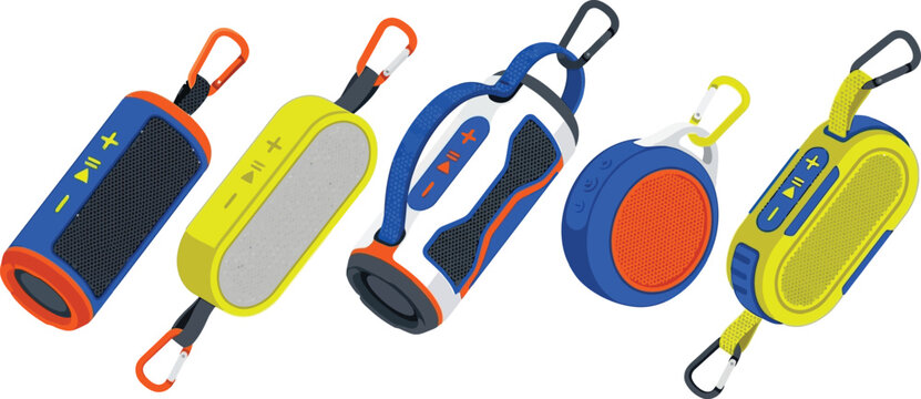 Set of portable waterproof bluetooth speakers with carabiner clips for outdoor travel activities.