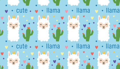 Fototapeta premium Seamless child pattern featuring adorable white llamas wearing crowns alongside green cacti, hearts, and colorful dots.