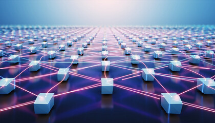Fototapeta premium Nodes connect through glowing light paths across a dark grid to represent global data communication.