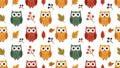 Obraz premium Beautiful autumn seamless pattern features lovely colorful forest owls, dry fall leaves, and small red berries.