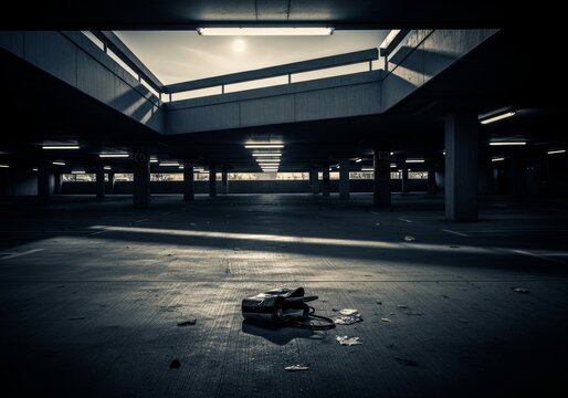 Lost handbag left on the concrete floor of a dark vacant parking garage. Concept of abandoned property, crime scene investigation, forgotten personal belonging or mysterious missing item.
