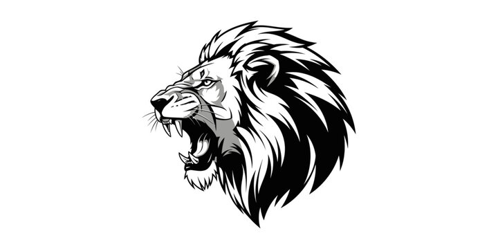 A fierce lion's head with open mouth and sharp teeth is illustrated
