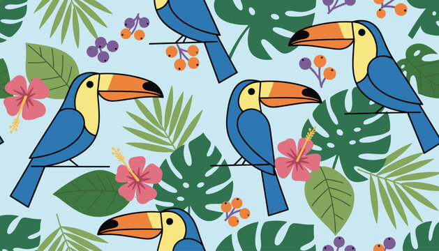 Tropical rainforest seamless pattern displaying bright blue toucans sitting on branches with exotic flowers and leaves.