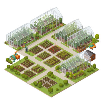 Isometric view of a modern agricultural farm with greenhouses and cultivated fields.