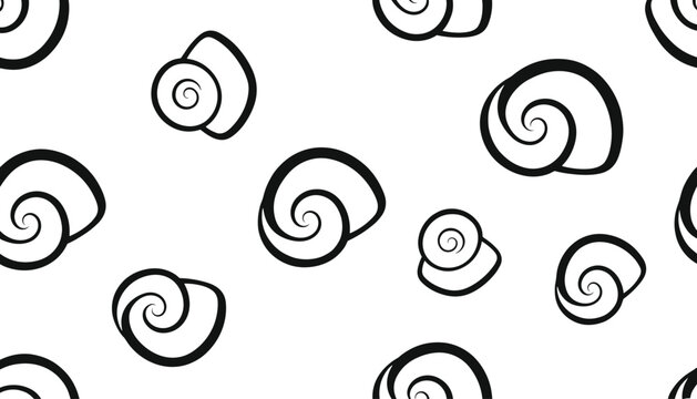 Seamless pattern of black outline spiral seashells or snail shells hand drawn on a plain white background.