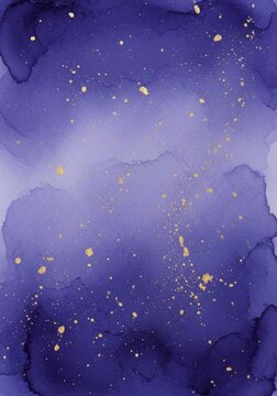 Purple watercolor background with gold glitter splash particles. Abstract wash art texture with luxury metallic stardust effect. Artistic backdrop for creative design and stationery.