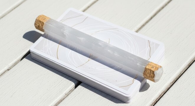 Selenite wand resting on a deck of oracle cards on a white wooden table. Spiritual tool for energy healing and meditation practice. Esoteric divination and mindfulness instrument.