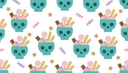 Fototapeta premium Seamless Halloween pattern with teal skulls filled with colorful candies and lollipops on a white background.