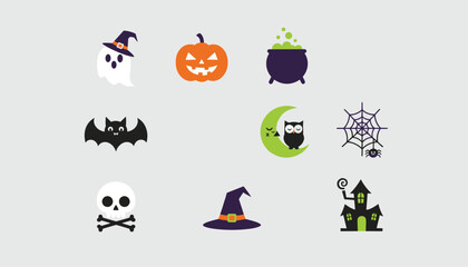 Fototapeta premium Colorful collection of flat Halloween icons including spooky ghost, carved pumpkin, witch hat, and skull.