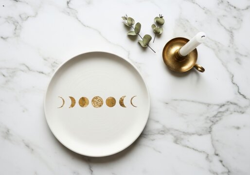 Ceramic plate with gold moon phase design on white marble surface. Decorative kitchenware with celestial pattern. Minimalist home decor for dining room and spiritual interior design.