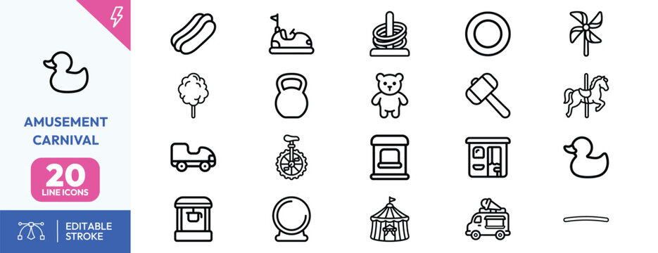 Fairground Funfare Elements icon set. Containing carousel horse, hot dog, roller coaster, ring toss, windmill, ticket booth, popcorn machine, hammer game, teddy. Editable stroke. Vector illustration.
