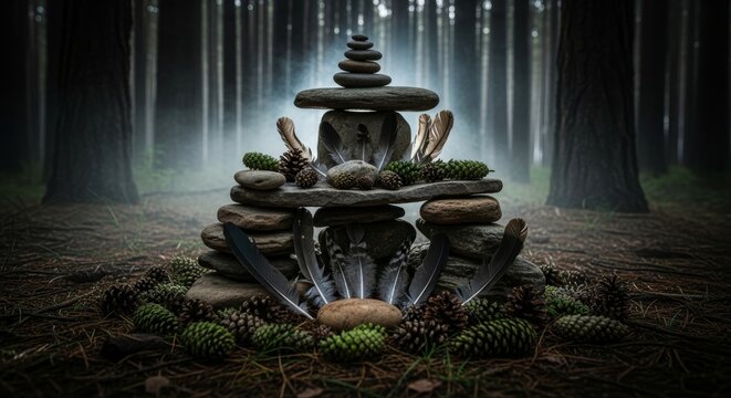 Stacked stone cairn with feathers and pine cone in misty forest. Zen meditation structure for relaxation and mindfulness. Nature spirituality concept for peaceful outdoor hobby.