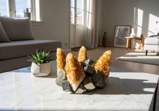Citrine and pyrite crystal cluster on a white marble table in a bright living room. Decorative mineral formation for home interior design. Gemstone collection for meditation and decor.