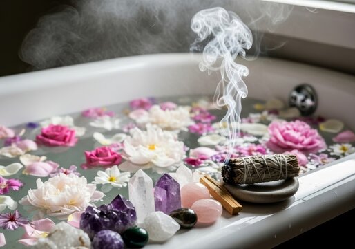 Bathtub filled with warm water, flower petals and healing crystals. Sage bundle burning with fragrant smoke. Holistic wellness, spiritual ritual and self care relaxation concept.