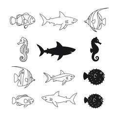 Fototapeta premium Black and white line art collection of animals and insects.