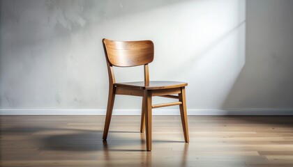 Fototapeta premium Wooden study chair sits alone in a room with a white wall and hardwood floor, bathed in natural light.