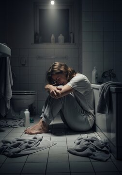 Sad woman sitting on bathroom floor. Depressed girl crying alone in dark room. Mental health crisis, loneliness and despair concept. Emotional pain, stress and internal suffering.