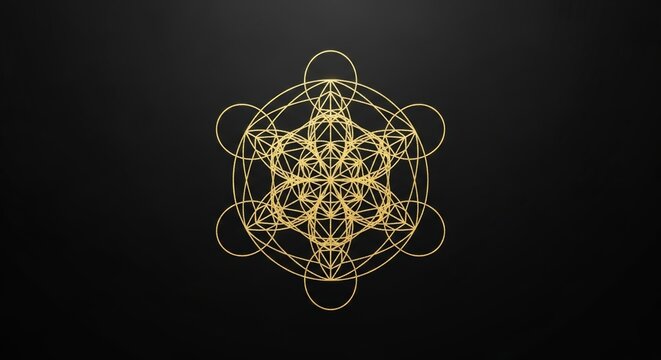 Golden Metatron cube symbol on black background. Sacred geometry pattern representing universal energy and balance. Meditation element for mindfulness design and spiritual growth concept.