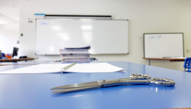 Scissors on a Blue Desk in a Classroom Setting with Whiteboards