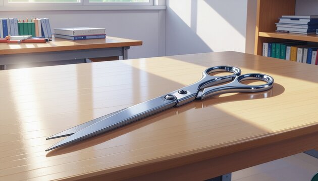 Scissors on a Desk in a Classroom Setting with Bookshelves