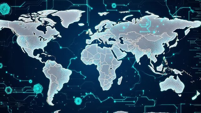 Digital world map with circuit lines